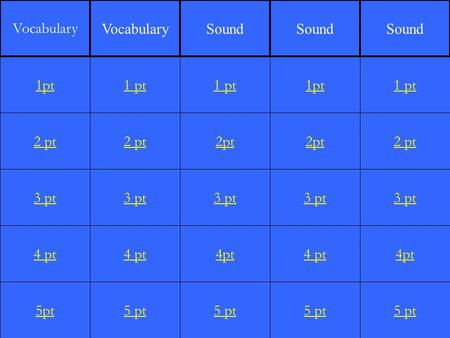 2 pt 3 pt 4 pt 5pt 1 pt 2 pt 3 pt 4 pt 5 pt 1 pt 2pt 3 pt 4pt 5 pt 1pt 2pt 3 pt 4 pt 5 pt 1 pt 2 pt 3 pt 4pt 5 pt 1pt Vocabulary Sound.