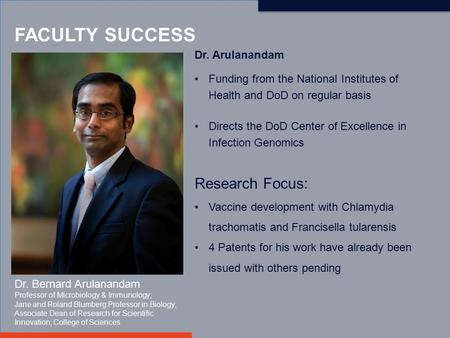 FACULTY SUCCESS Dr. Bernard Arulanandam Professor of Microbiology & Immunology; Jane and Roland Blumberg Professor in Biology; Associate Dean of Research.