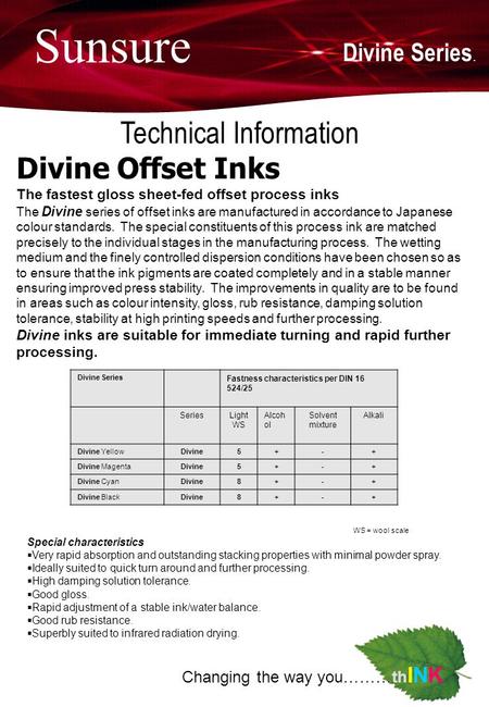 Changing the way you………th INK Sunsure Divine Series. Technical Information Divine Offset Inks The fastest gloss sheet-fed offset process inks The Divine.