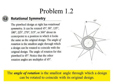 Problem 1.2 The angle of rotation is the smallest angle through which a design can be rotated to coincide with its original design.