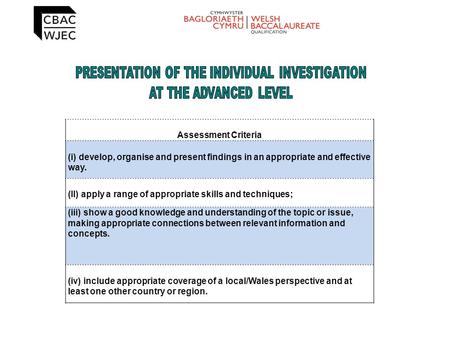 Assessment Criteria (i) develop, organise and present findings in an appropriate and effective way. (II) apply a range of appropriate skills and techniques;