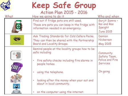 Keep Safe Group Action Plan 2015 - 2016 Find out if fridge pots are still used. These are pots you can keep in the fridge with information needed in an.