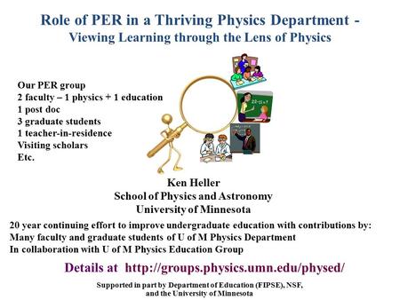 Role of PER in a Thriving Physics Department - Viewing Learning through the Lens of Physics Ken Heller School of Physics and Astronomy University of Minnesota.