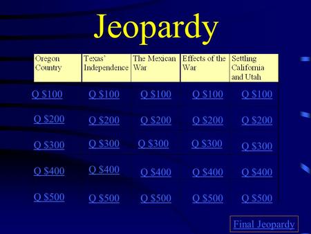 Jeopardy Q $100 Q $200 Q $300 Q $400 Q $500 Q $100 Q $200 Q $300 Q $400 Q $500 Final Jeopardy.