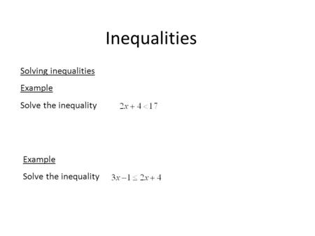 Inequalities Solving inequalities Example Solve the inequality Example Solve the inequality.