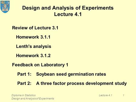 Diploma in Statistics Design and Analysis of Experiments Lecture 4.11 Design and Analysis of Experiments Lecture 4.1 Review of Lecture 3.1 Homework 3.1.1.