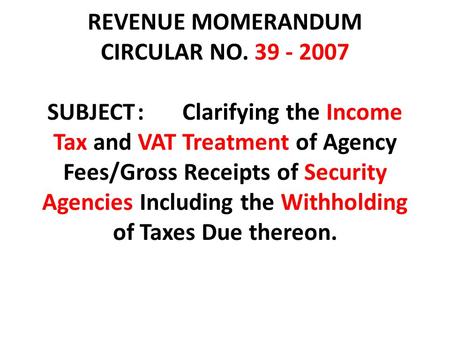 REVENUE MOMERANDUM CIRCULAR NO SUBJECT. :