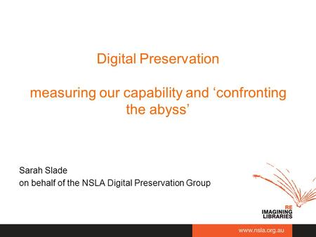 Digital Preservation measuring our capability and ‘confronting the abyss’ Sarah Slade on behalf of the NSLA Digital Preservation Group.