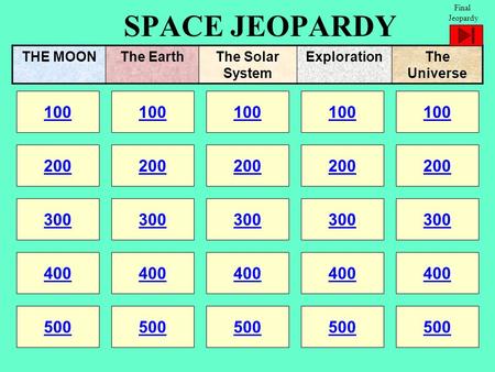 SPACE JEOPARDY 100 200 100 200 300 400 500 300 400 500 100 200 300 400 500 100 200 300 400 500 100 200 300 400 500 THE MOONThe EarthThe Solar System ExplorationThe.