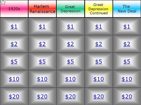 $2 $5 $10 $20 $1 $2 $5 $10 $20 $1 $2 $5 $10 $20 $1 $2 $5 $10 $20 $1 $2 $5 $10 $20 $1 1920s Harlem Renaissance Great Depression Great Depression Continued.