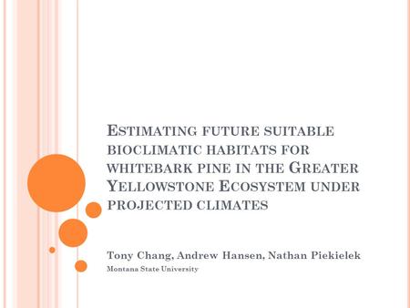 E STIMATING FUTURE SUITABLE BIOCLIMATIC HABITATS FOR WHITEBARK PINE IN THE G REATER Y ELLOWSTONE E COSYSTEM UNDER PROJECTED CLIMATES Tony Chang, Andrew.