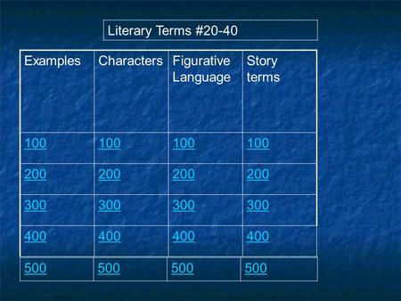 ExamplesCharactersFigurative Language Story terms 100 200 300 400 Literary Terms #20-40 500.