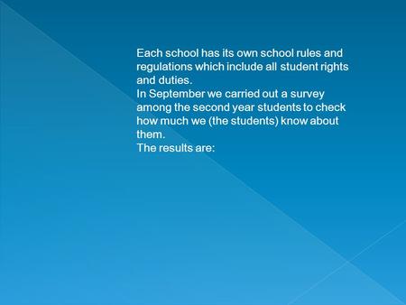 Each school has its own school rules and regulations which include all student rights and duties. In September we carried out a survey among the second.