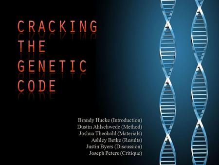 Brandy Hucke (Introduction) Dustin Ahlschwede (Method) Joshua Theobald (Materials) Ashley Betke (Results) Justin Byers (Discussion) Joseph Peters (Critique)