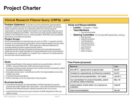 EHR Integration – Project Charter slide 1 Goals  Support specification of the already started service specification within HL7 RCRIM –going to ballot.