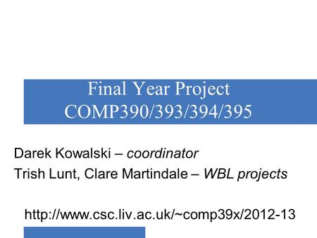 Final Year Project COMP390/393/394/395 Darek Kowalski – coordinator Trish Lunt, Clare Martindale – WBL projects