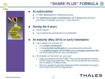 1 Human Resources At subscription A 15% discount on reference price An additional bank contribution of 3 times the amount you have invested (you buy 1.