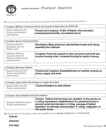 Truman and Congress: GI Bill of Rights ( free education, unemployment benefits, low-interest loans) Developers: Mass produced, standardized homes built.