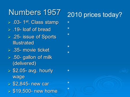 Numbers 1957 .03- 1 st. Class stamp .19- loaf of bread .25- issue of Sports Illustrated .35- movie ticket .50- gallon of milk (delivered)  $2.05-