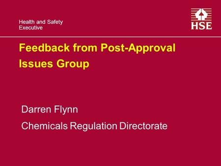 Health and Safety Executive Feedback from Post-Approval Issues Group Darren Flynn Chemicals Regulation Directorate.