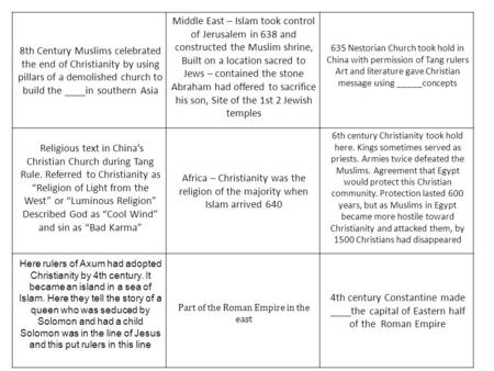 8th Century Muslims celebrated the end of Christianity by using pillars of a demolished church to build the ____in southern Asia Middle East – Islam took.