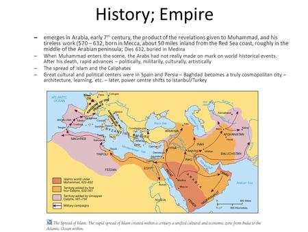 History; Empire – emerges in Arabia, early 7 th century, the product of the revelations given to Muhammad, and his tireless work (570 – 632, born in Mecca,