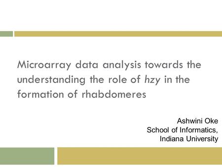 Microarray data analysis towards the understanding the role of hzy in the formation of rhabdomeres Ashwini Oke School of Informatics, Indiana University.