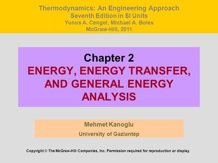 Chapter 2 ENERGY, ENERGY TRANSFER, AND GENERAL ENERGY ANALYSIS