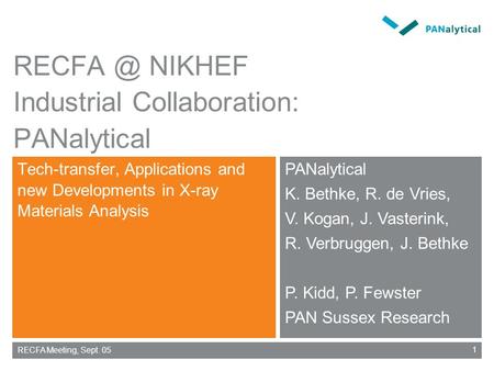 PANalytical K. Bethke, R. de Vries, V. Kogan, J. Vasterink, R. Verbruggen, J. Bethke P. Kidd, P. Fewster PAN Sussex Research 1RECFA Meeting, Sept. 05 RECFA.