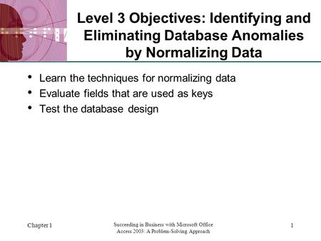 XP Chapter 1 Succeeding in Business with Microsoft Office Access 2003: A Problem-Solving Approach 1 Level 3 Objectives: Identifying and Eliminating Database.