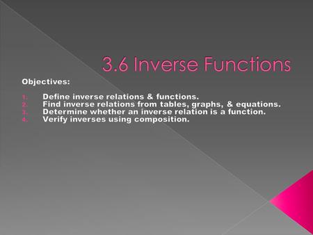  The graph of a function f is shown. Graph the inverse and describe the relationship between the function & its inverse. xy -65 -50 -4-3 -4 -2-3 0 05.