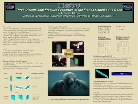 Three-Dimensional Fracture Properties of the Florida Manatee Rib Bone Jeff Leismer, MEngg Mechanical & Aerospace Engineering Department, University of.