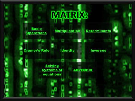 Basic Operations MultiplicationDeterminants Cramer’s RuleIdentityInverses Solving Systems of equations APPENDIX.