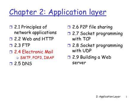 2: Application Layer1 Chapter 2: Application layer r 2.1 Principles of network applications r 2.2 Web and HTTP r 2.3 FTP r 2.4 Electronic Mail m SMTP,