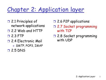 2: Application Layer1 Chapter 2: Application layer r 2.1 Principles of network applications r 2.2 Web and HTTP r 2.3 FTP r 2.4 Electronic Mail  SMTP,