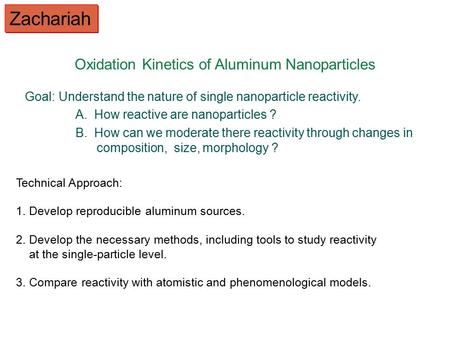 Oxidation Kinetics of Aluminum Nanoparticles Goal:Understand the nature of single nanoparticle reactivity. A. How reactive are nanoparticles ? B. How can.