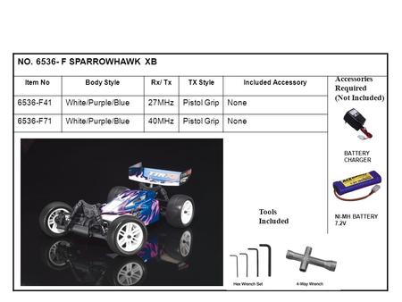 NO. 6536- F SPARROWHAWK XB Item NoBody StyleRx/ TxTX StyleIncluded Accessory 6536-F41White/Purple/Blue27MHzPistol GripNone 6536-F71White/Purple/Blue40MHzPistol.