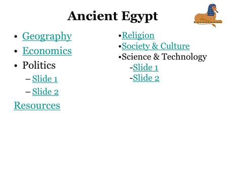 Geography Economics Politics –Slide 1Slide 1 –Slide 2Slide 2 Resources Religion Society & Culture Science & Technology -Slide 1Slide 1 -Slide 2Slide 2.