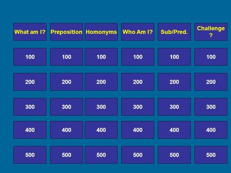 100 300 200 400 300 500 400 500 400 300 200 What am I?PrepositionHomonymsWho Am I?Sub/Pred. Challenge ?