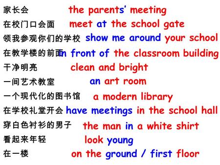 家长会 在校门口会面 领我参观你们的学校 在教学楼的前面 干净明亮 一间艺术教室 一个现代化的图书馆 在学校礼堂开会 穿白色衬衫的男子 看起来年轻 在一楼 the parents’ meeting meet at the school gate show me around your school in.