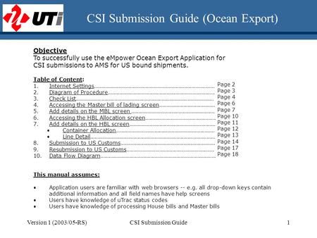 Version 1 (2003/05-RS)CSI Submission Guide1 Objective To successfully use the eMpower Ocean Export Application for CSI submissions to AMS for US bound.