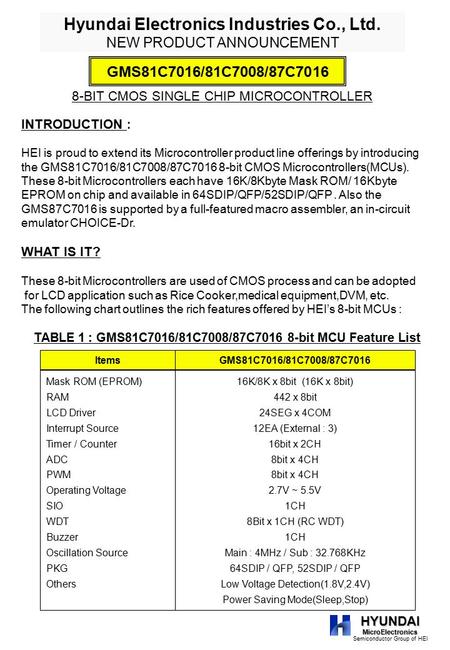 HYUNDAIMicroElectronics Semiconductor Group of HEI Hyundai Electronics Industries Co., Ltd. NEW PRODUCT ANNOUNCEMENT 8-BIT CMOS SINGLE CHIP MICROCONTROLLER.