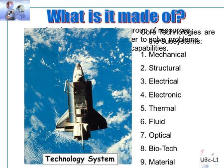 U3c-L1 A technology system is a group of resources (subsystems) working together to solve problems and extend human capabilities. Core Technologies are.