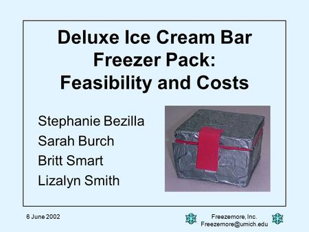 6 June 2002Freezemore, Inc. Deluxe Ice Cream Bar Freezer Pack: Feasibility and Costs Stephanie Bezilla Sarah Burch Britt Smart Lizalyn.