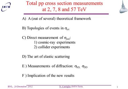 BNL, 20 December 2012 N. Cartiglia, INFN Turin. 1 Total pp cross section measurements at 2, 7, 8 and 57 TeV A)A (out of several) theoretical framework.