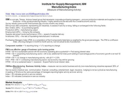 Institute for Supply Management, ISM Manufacturing Index (Measure of Manufacturing Activity) Web:  No monthly revisions,…but.