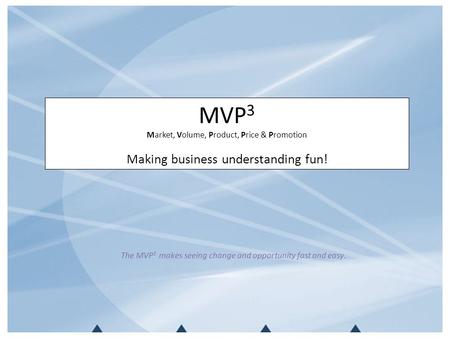 MVP 3 Market, Volume, Product, Price & Promotion Making business understanding fun! The MVP 3 makes seeing change and opportunity fast and easy.