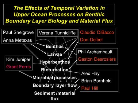 The Effects of Temporal Variation in Upper Ocean Processes on Benthic Boundary Layer Biology and Material Flux Paul Snelgrove Anna Metaxas Claudio DiBacco.