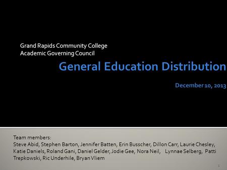 Grand Rapids Community College Academic Governing Council 1 Team members: Steve Abid, Stephen Barton, Jennifer Batten, Erin Busscher, Dillon Carr, Laurie.