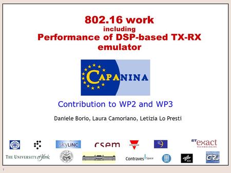 1 802.16 work including Performance of DSP-based TX-RX emulator Contribution to WP2 and WP3 Daniele Borio, Laura Camoriano, Letizia Lo Presti.